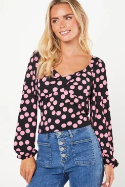 Petite Pink Spot Twist Front Long Sleeve Top