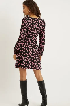 Petite Pink Spot V Neck Long Sleeve Mini