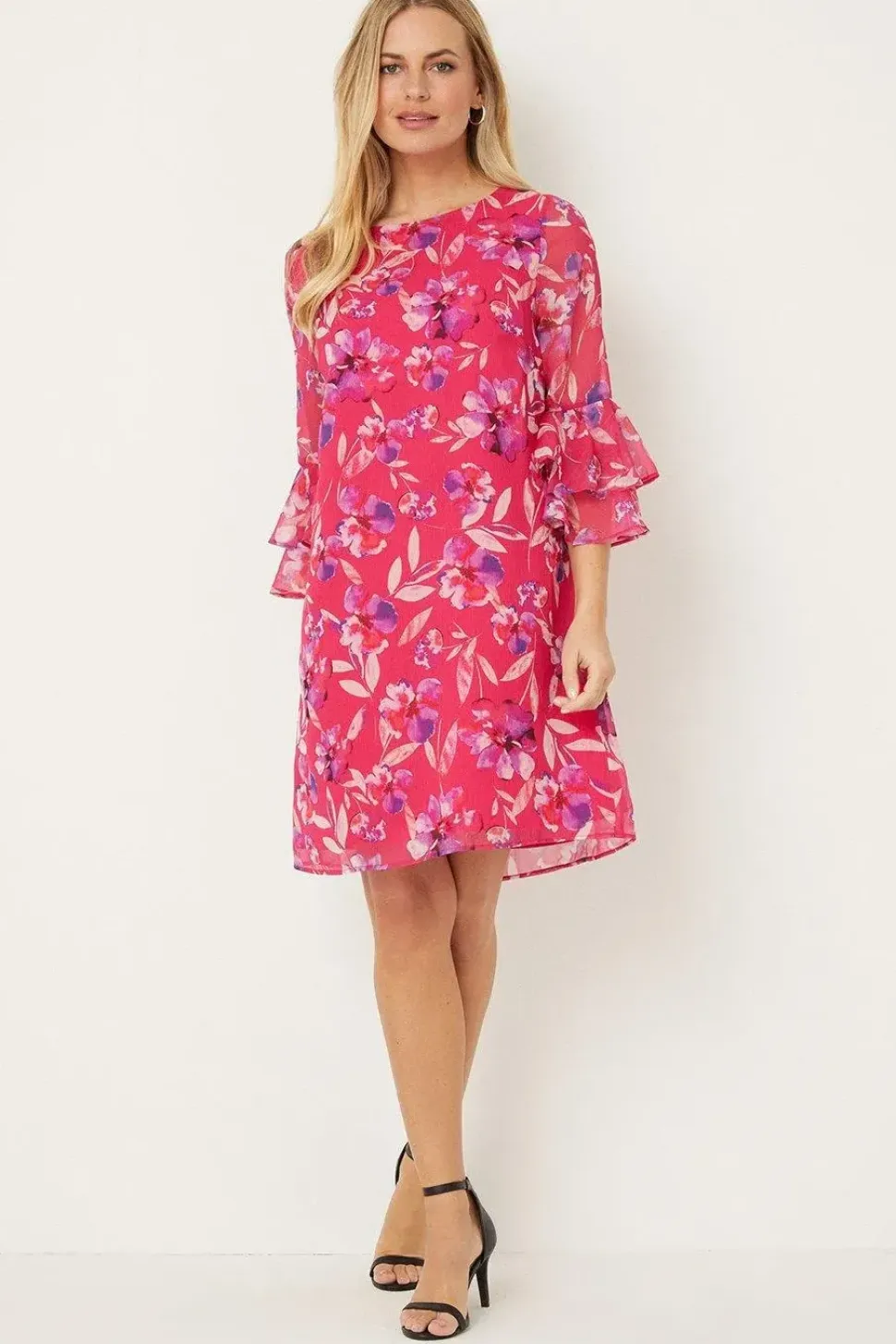 Petite Pink Watercolour Floral Ruffle Sleeve Shift Dress