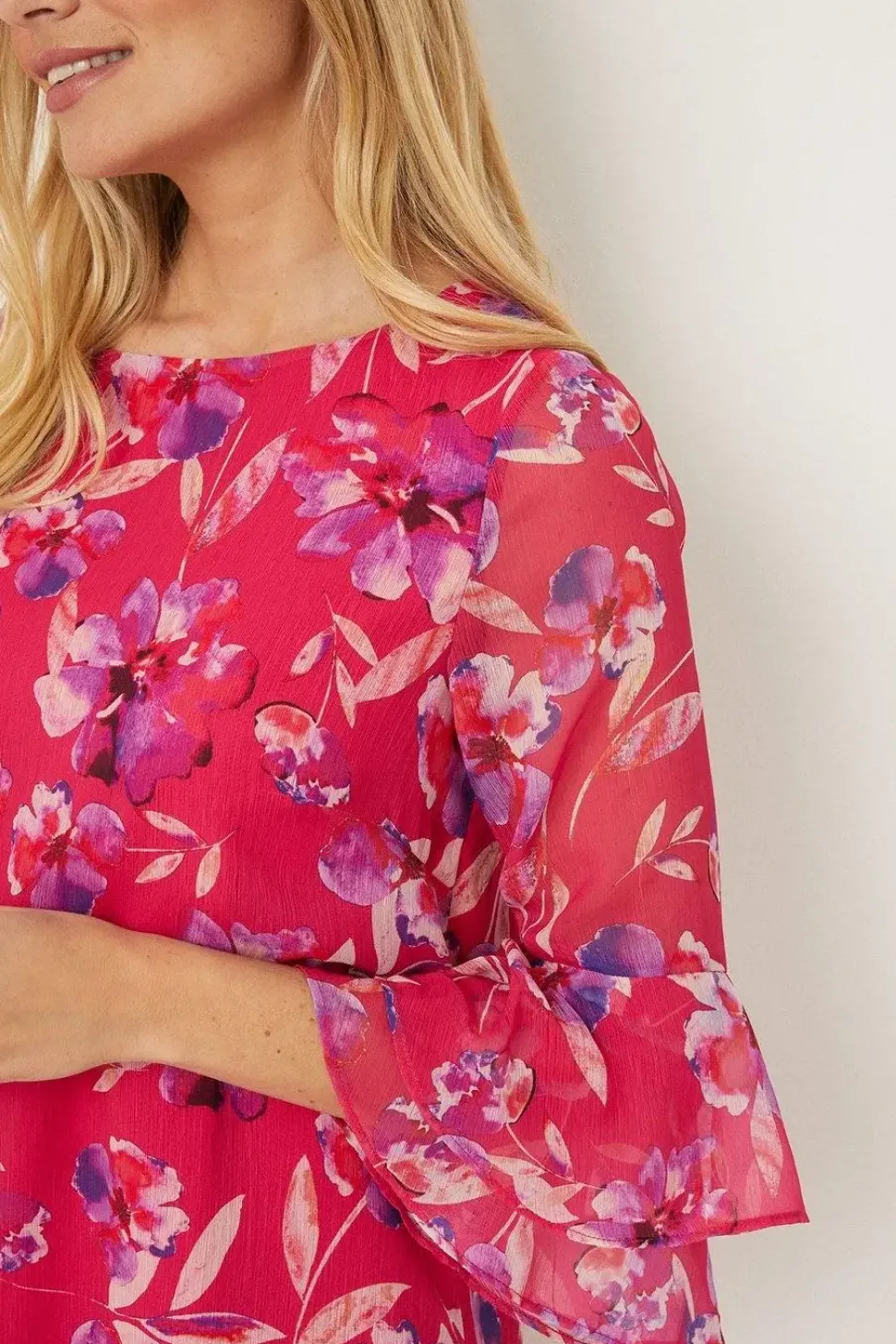 Petite Pink Watercolour Floral Ruffle Sleeve Shift Dress