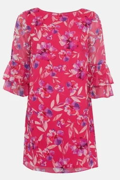 Petite Pink Watercolour Floral Ruffle Sleeve Shift Dress