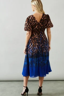 Petite Placement Print Puff Sleeve Midi Dress