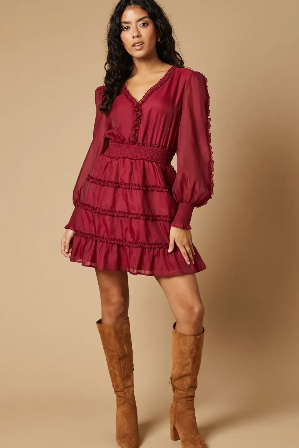Petite Plain Organza Ruffle Detail Mini Dress