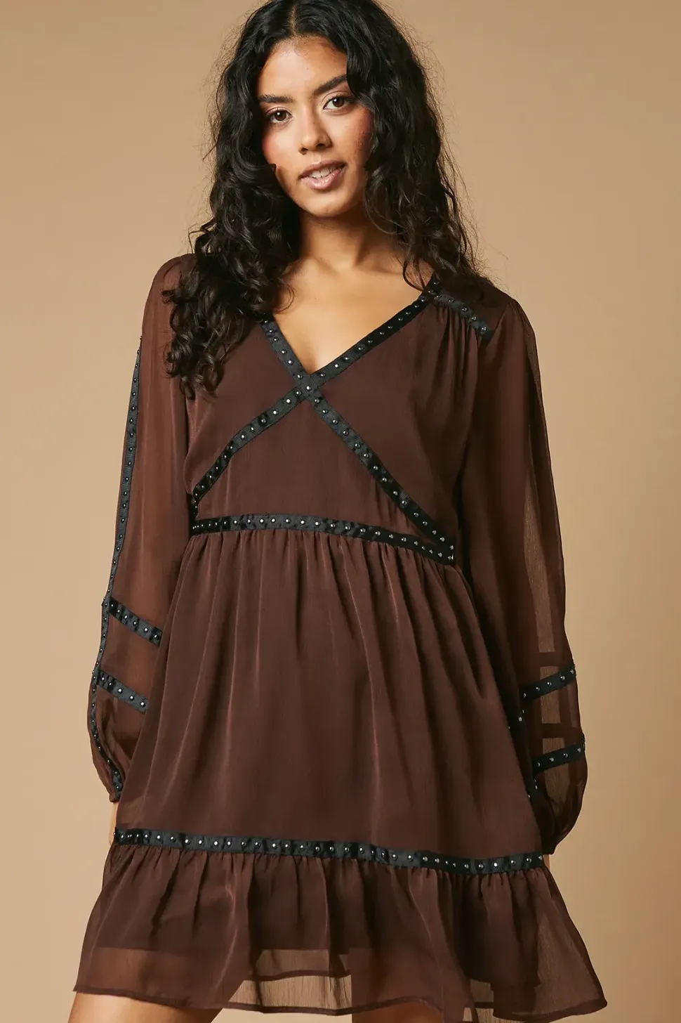 Petite Plain Stud Trim Detail Mini Dress