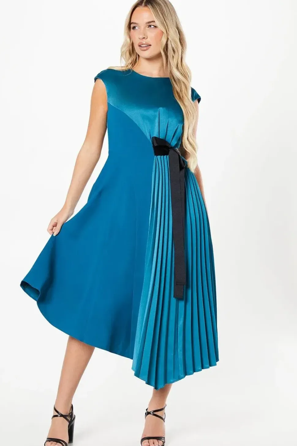 Petite Pleated And Panelled Contrast Tie Satin Midi Dress