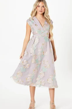 Petite Pleated Bodice Organza Jacquard Midi Dress