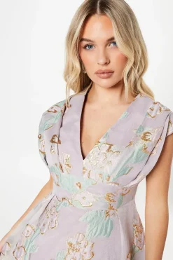 Petite Pleated Bodice Organza Jacquard Midi Dress
