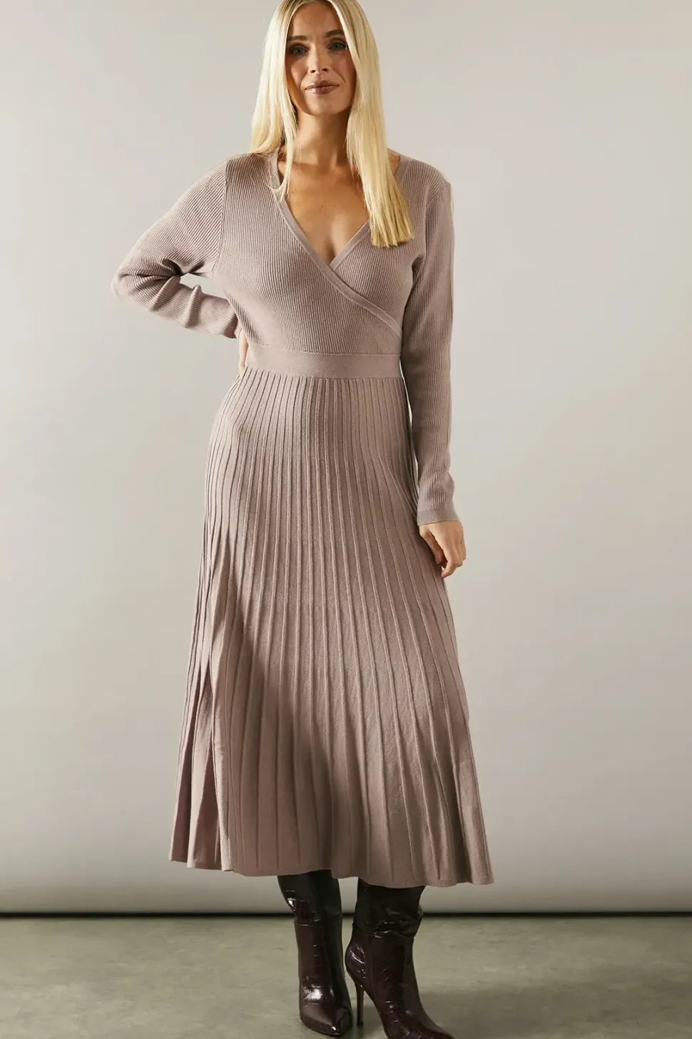 Petite Pleated Skirt Wrap Detail Knitted Midi Dress