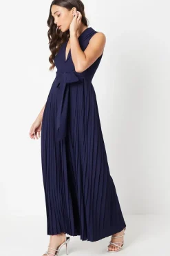 Petite Pleated Wide Leg Sleeveless Jumpsuit
