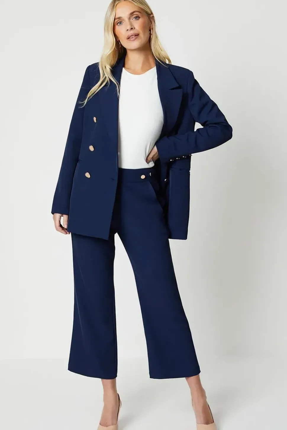 Petite Premium Button Detail Wide Leg Trouser