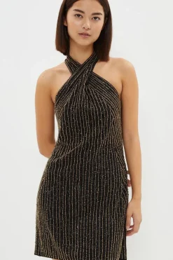 Petite Premium Linear Sequin Cross Neck Dress