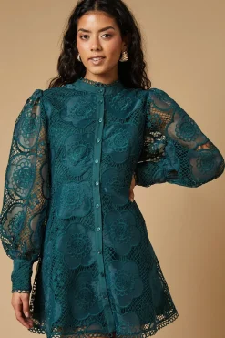 Petite Premium Organza Lace Trim Mini Shirt Dress