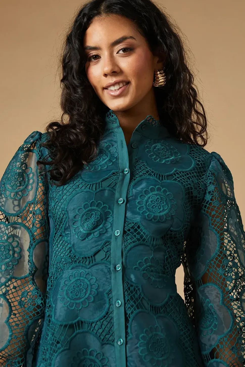 Petite Premium Organza Lace Trim Mini Shirt Dress