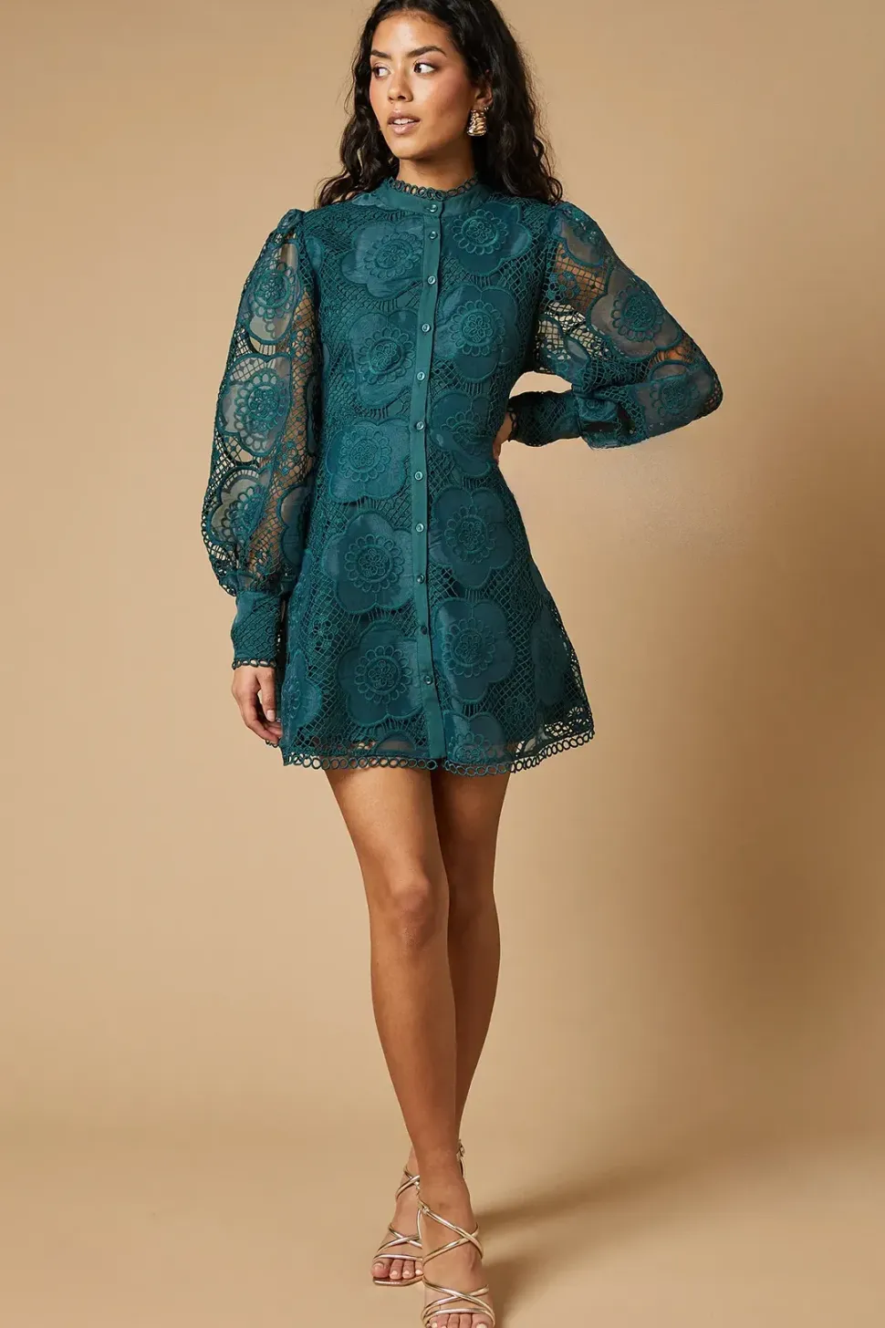 Petite Premium Organza Lace Trim Mini Shirt Dress