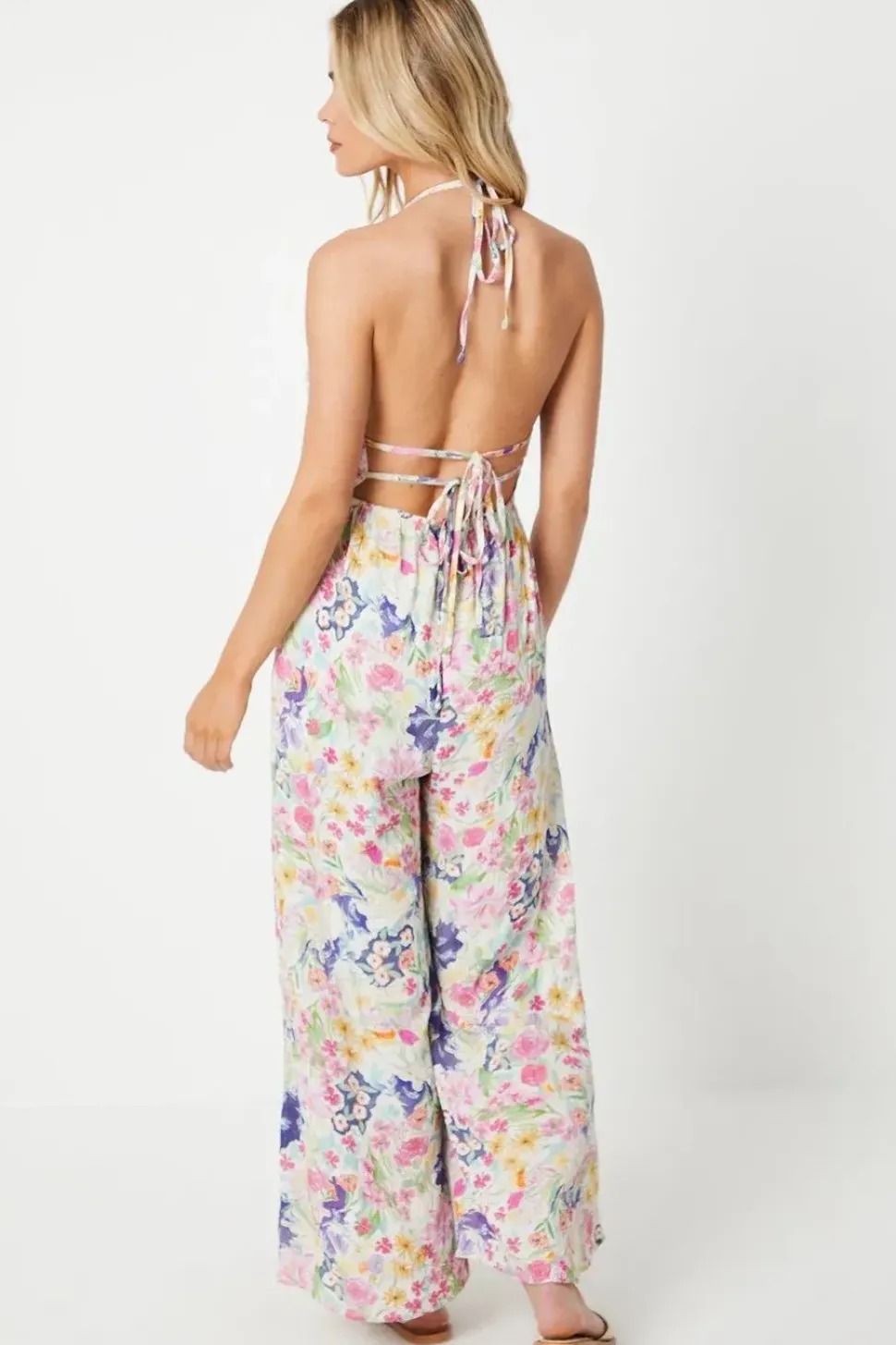 Petite Printed Crinkle Channel Detail Strappy Jumpsuit