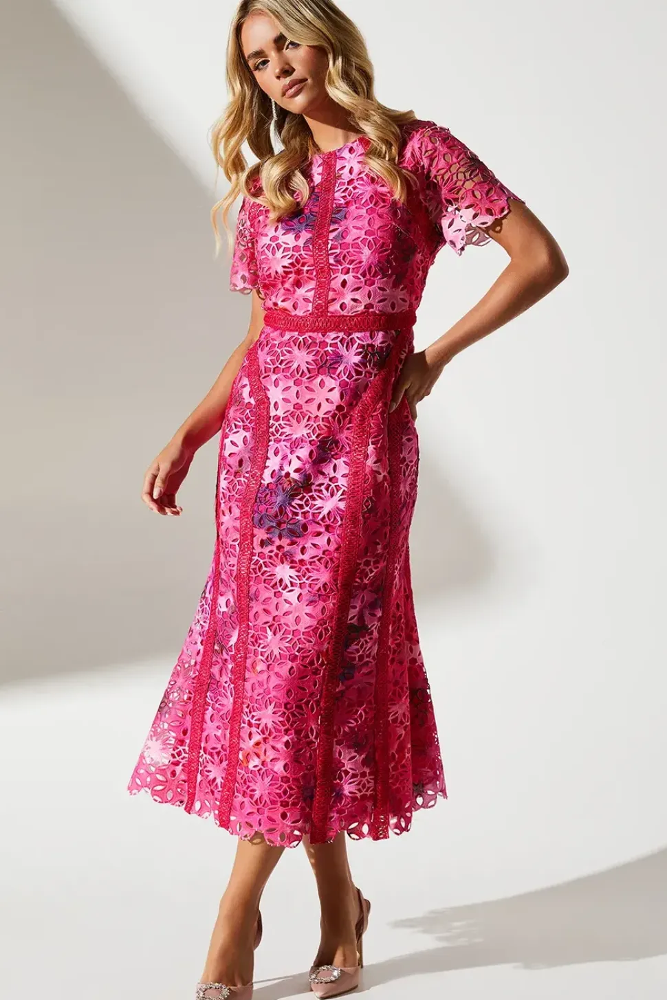 Petite Printed Lace Midi Pencil Dress