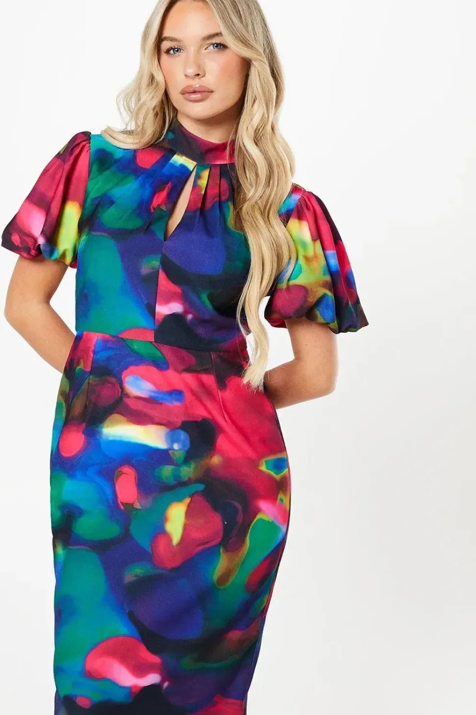 Petite Printed Puff Sleeve Midi Dress