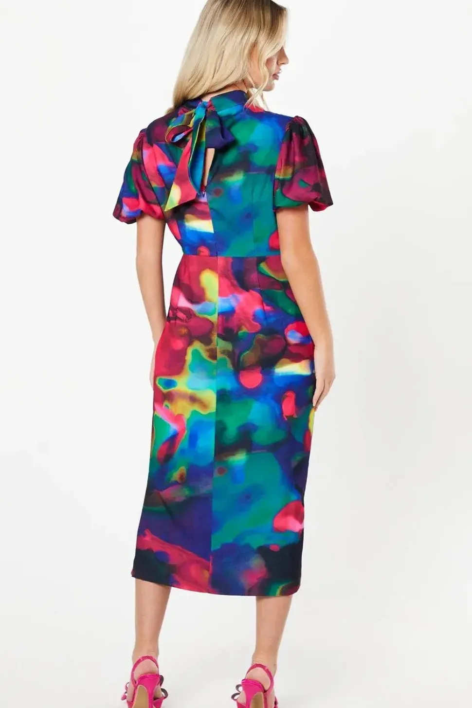 Petite Printed Puff Sleeve Midi Dress