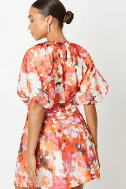 Petite Printed Puff Sleeve Organza Mini Dress