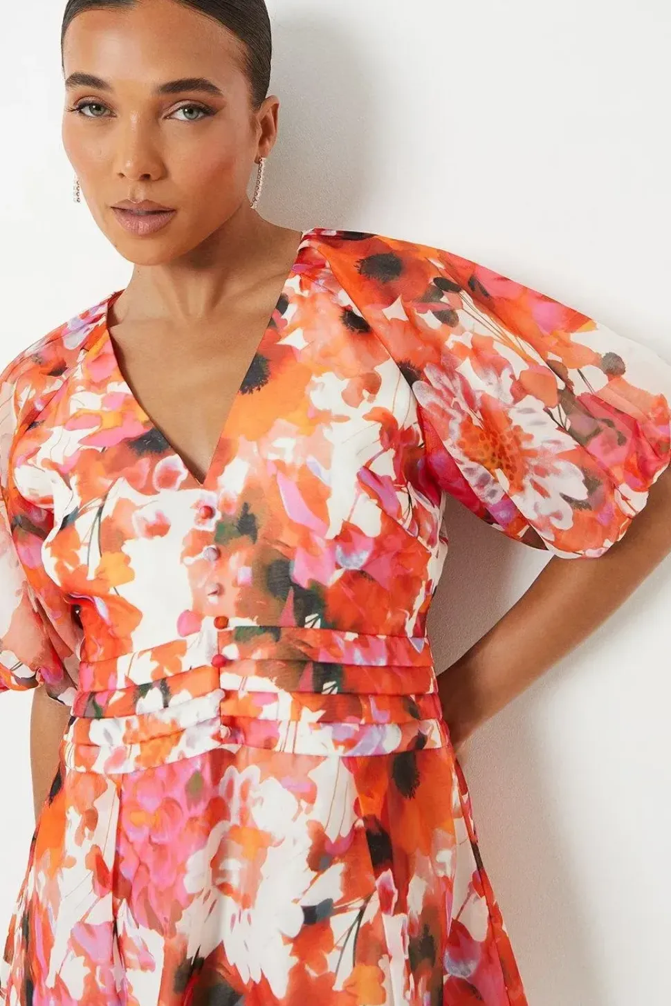 Petite Printed Puff Sleeve Organza Mini Dress
