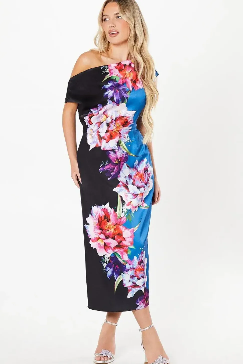 Petite Printed Satin Bardot Midi Wedding Guest Dress