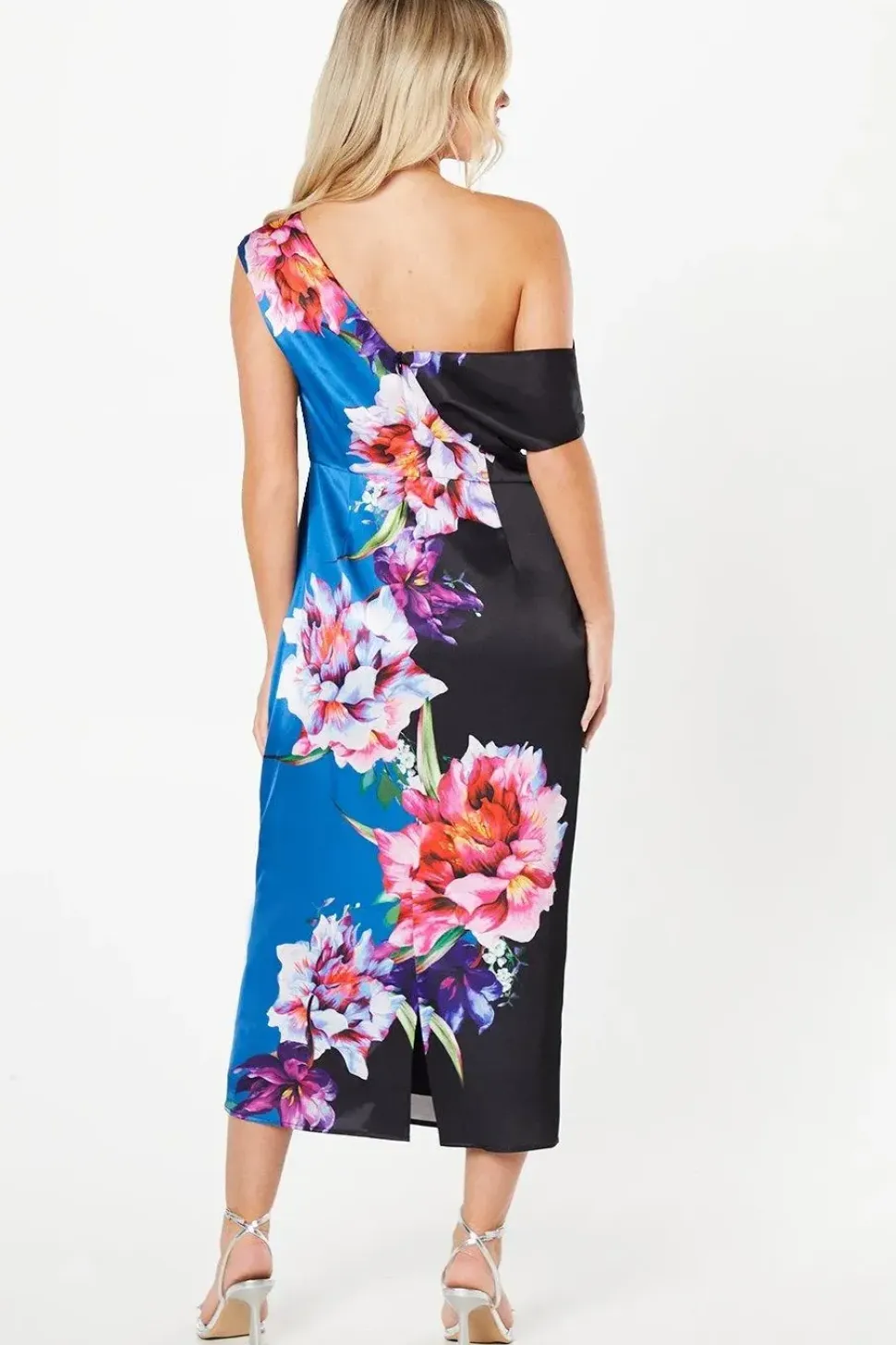 Petite Printed Satin Bardot Midi Wedding Guest Dress