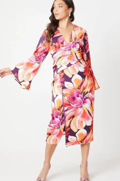 Petite Printed Satin Wrap Dress With Flare Sleeve