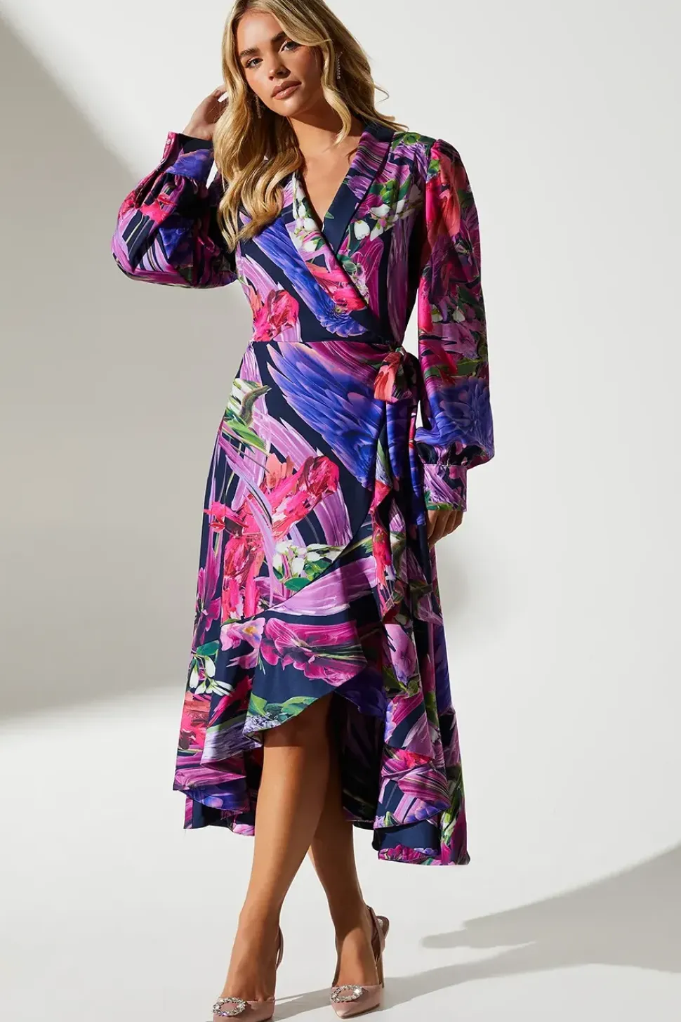Petite Printed Satin Wrap Wedding Guest Dress
