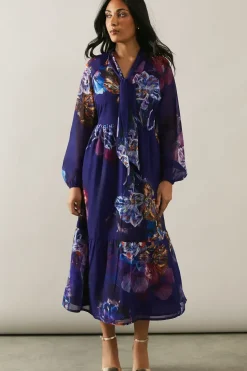 Petite Printed Tie Neck Tiered Maxi Dress