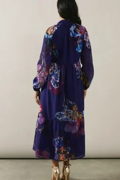 Petite Printed Tie Neck Tiered Maxi Dress