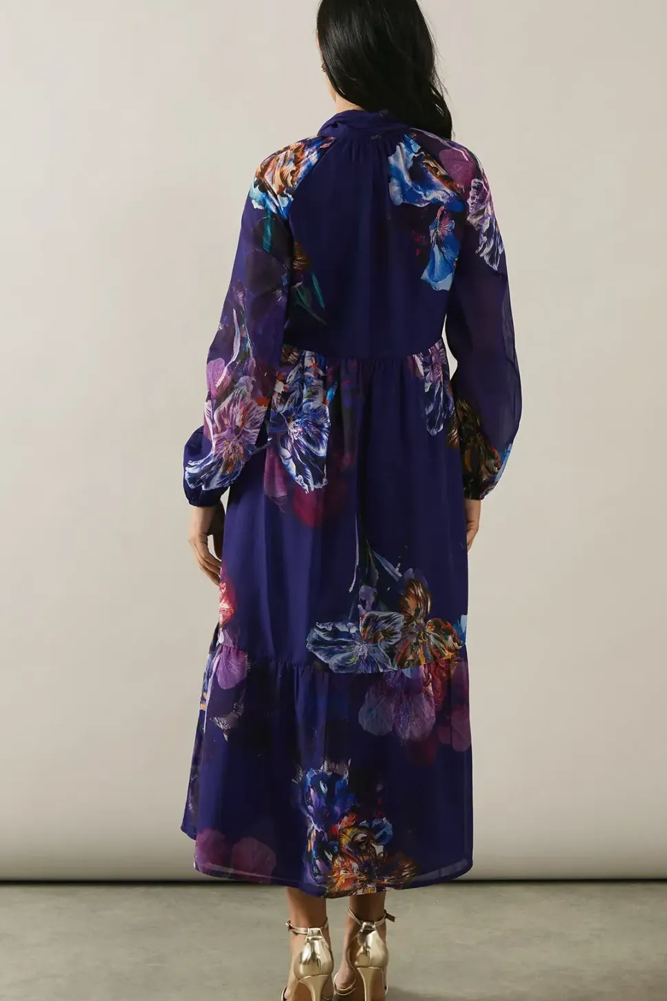 Petite Printed Tie Neck Tiered Maxi Dress
