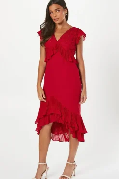 Petite Printed V Neck Ruffle Georgette Midi Dress