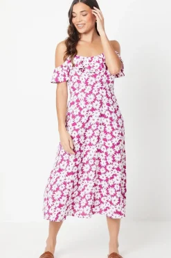 Petite Purple Floral Ruffle Strappy Bardot Midi Dress