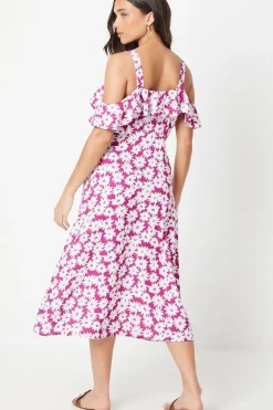Petite Purple Floral Ruffle Strappy Bardot Midi Dress