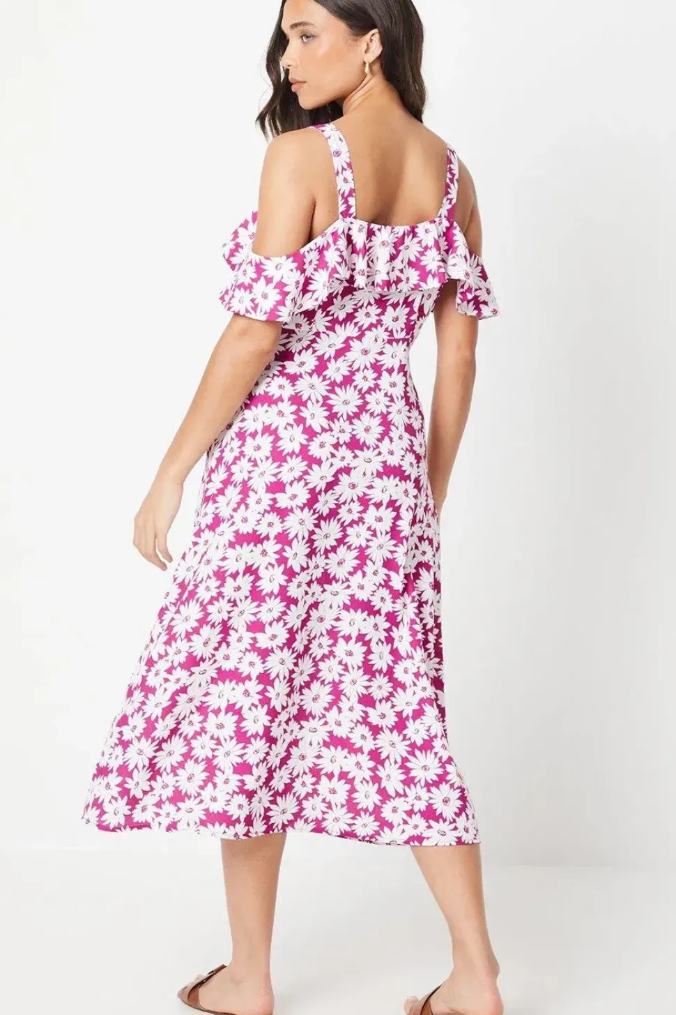 Petite Purple Floral Ruffle Strappy Bardot Midi Dress
