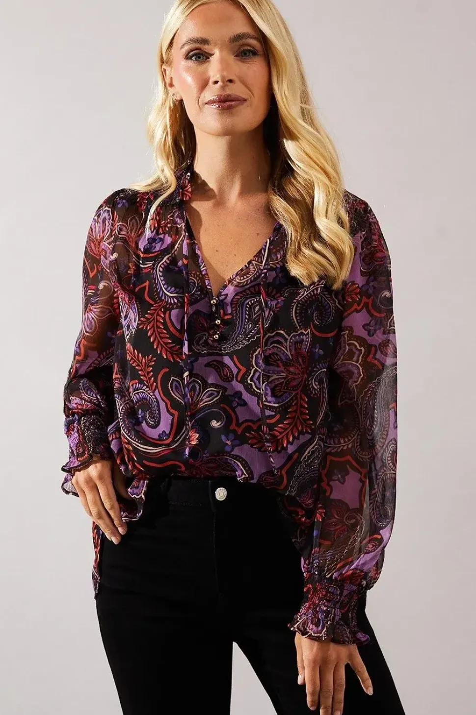 Petite Purple Paisley Tie Neck Shirred Blouse