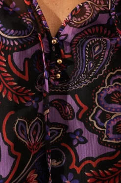 Petite Purple Paisley Tie Neck Shirred Blouse
