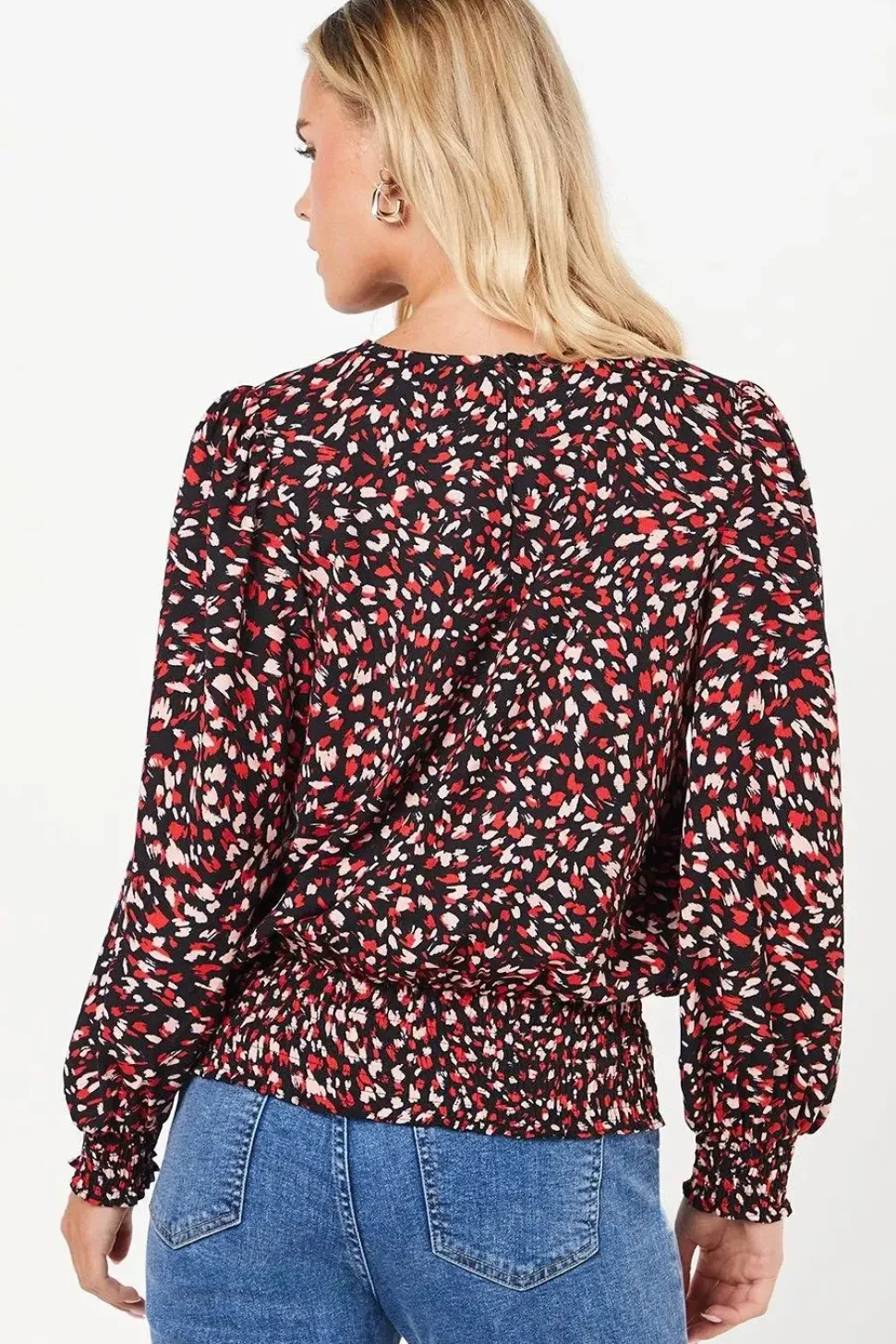 Petite Red Animal Shirred Hem Blouse