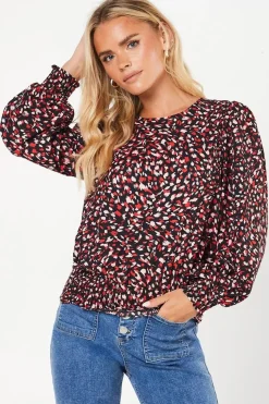 Petite Red Animal Shirred Hem Blouse