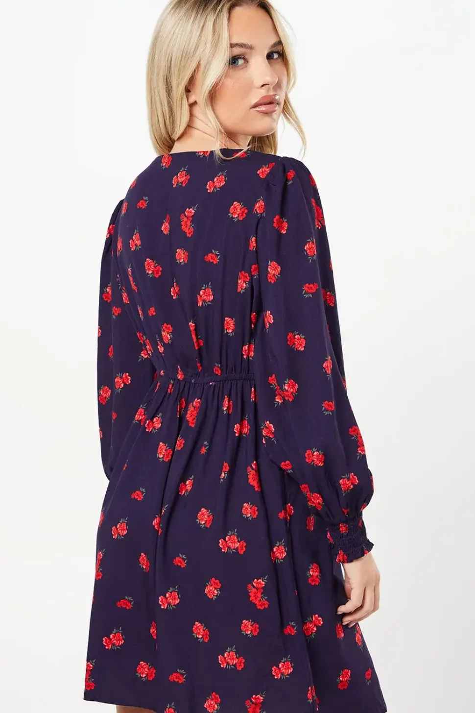 Petite Red Ditsy Floral Button Front Mini Dress