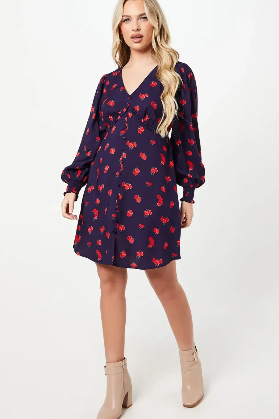 Petite Red Ditsy Floral Button Front Mini Dress