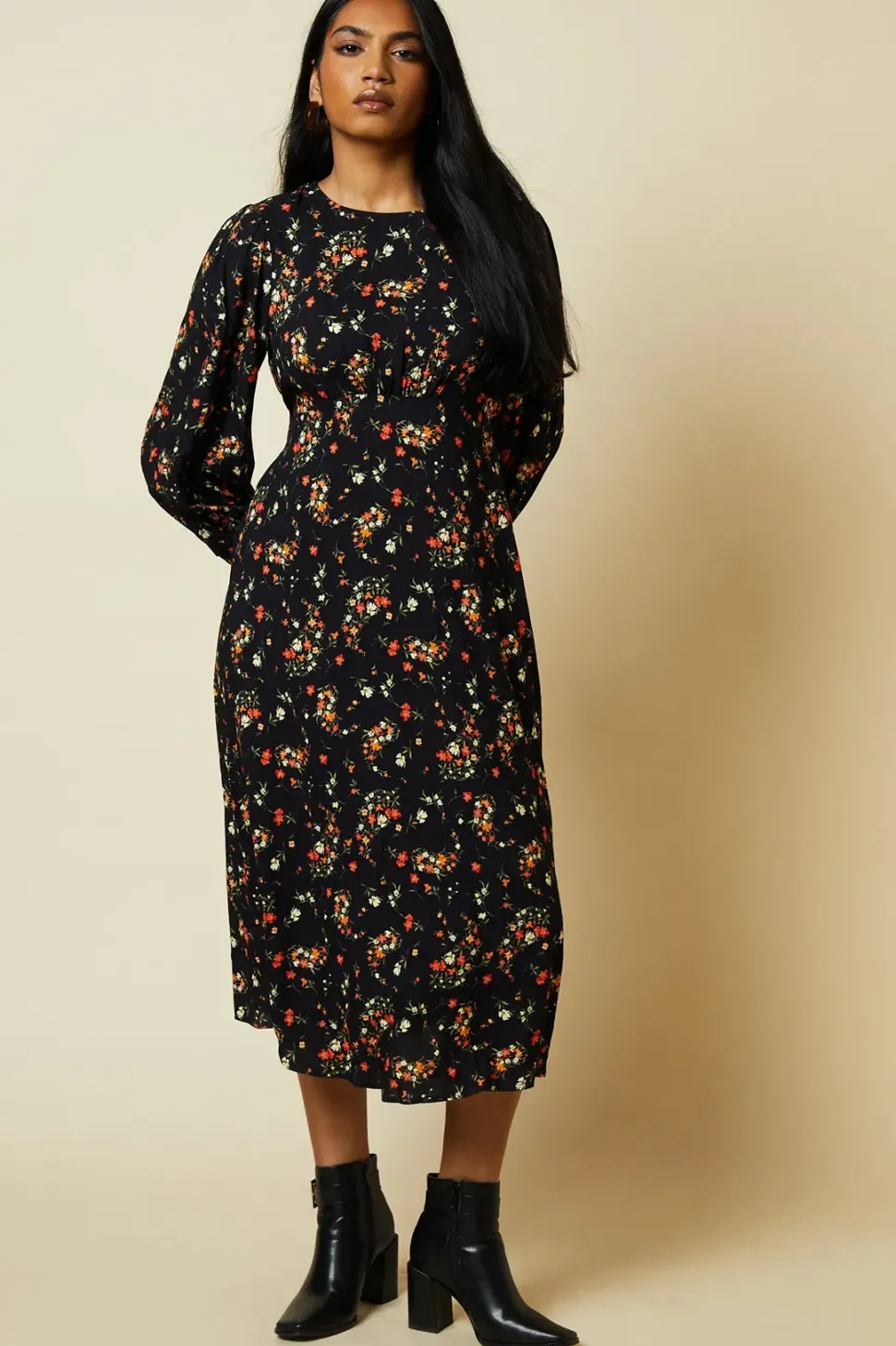 Petite Red Ditsy Floral Shirred Cuff Midi Dress