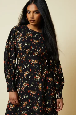 Petite Red Ditsy Floral Shirred Cuff Midi Dress