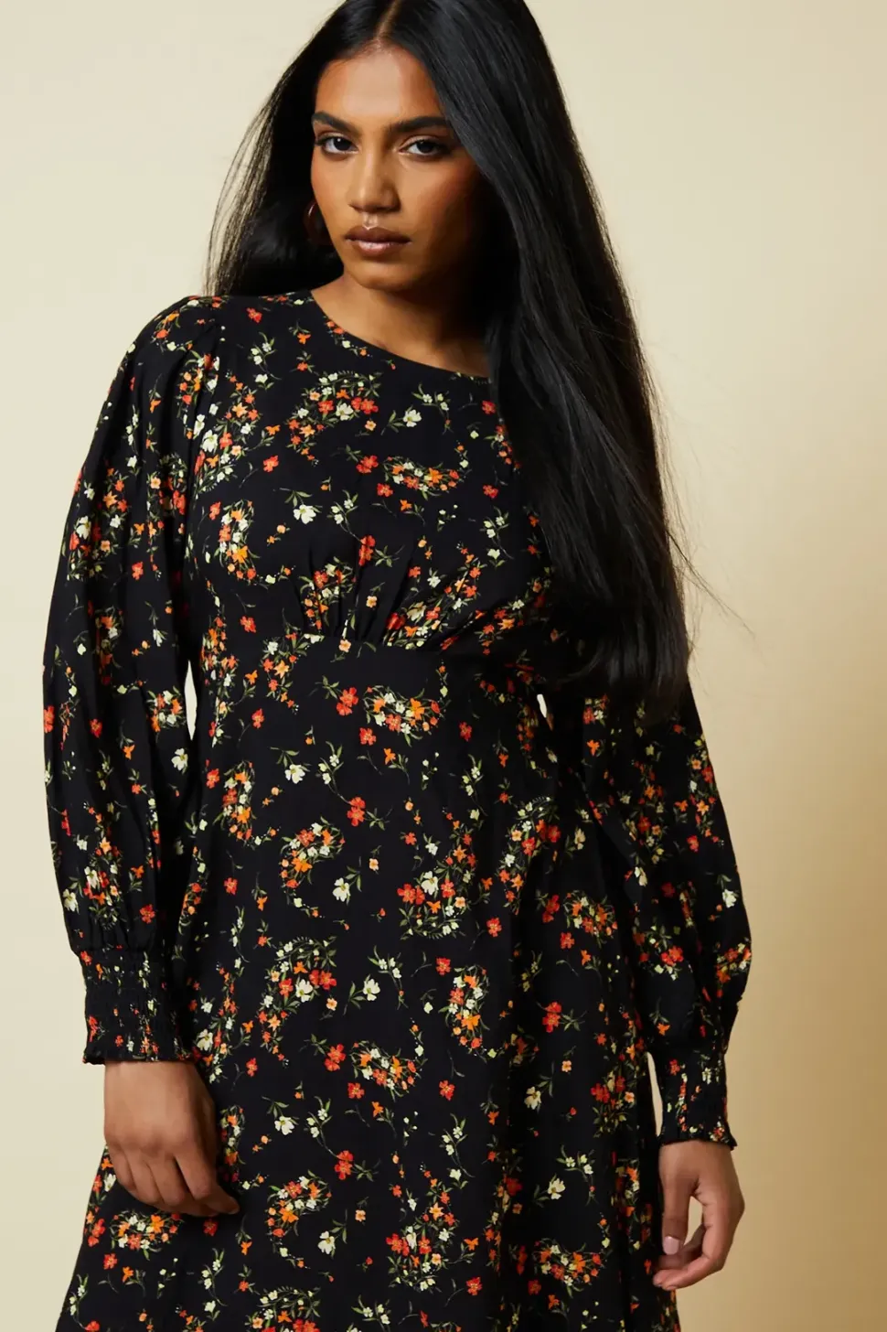 Petite Red Ditsy Floral Shirred Cuff Midi Dress