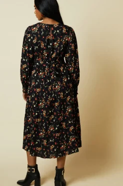 Petite Red Ditsy Floral Shirred Cuff Midi Dress
