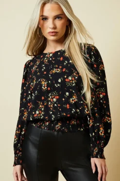 Petite Red Ditsy Shirred Hem Top