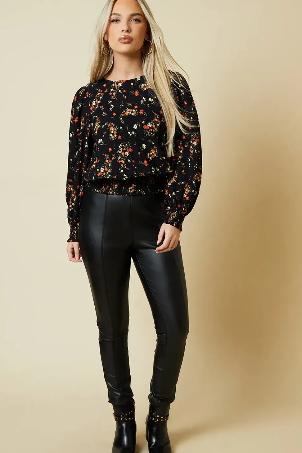 Petite Red Ditsy Shirred Hem Top
