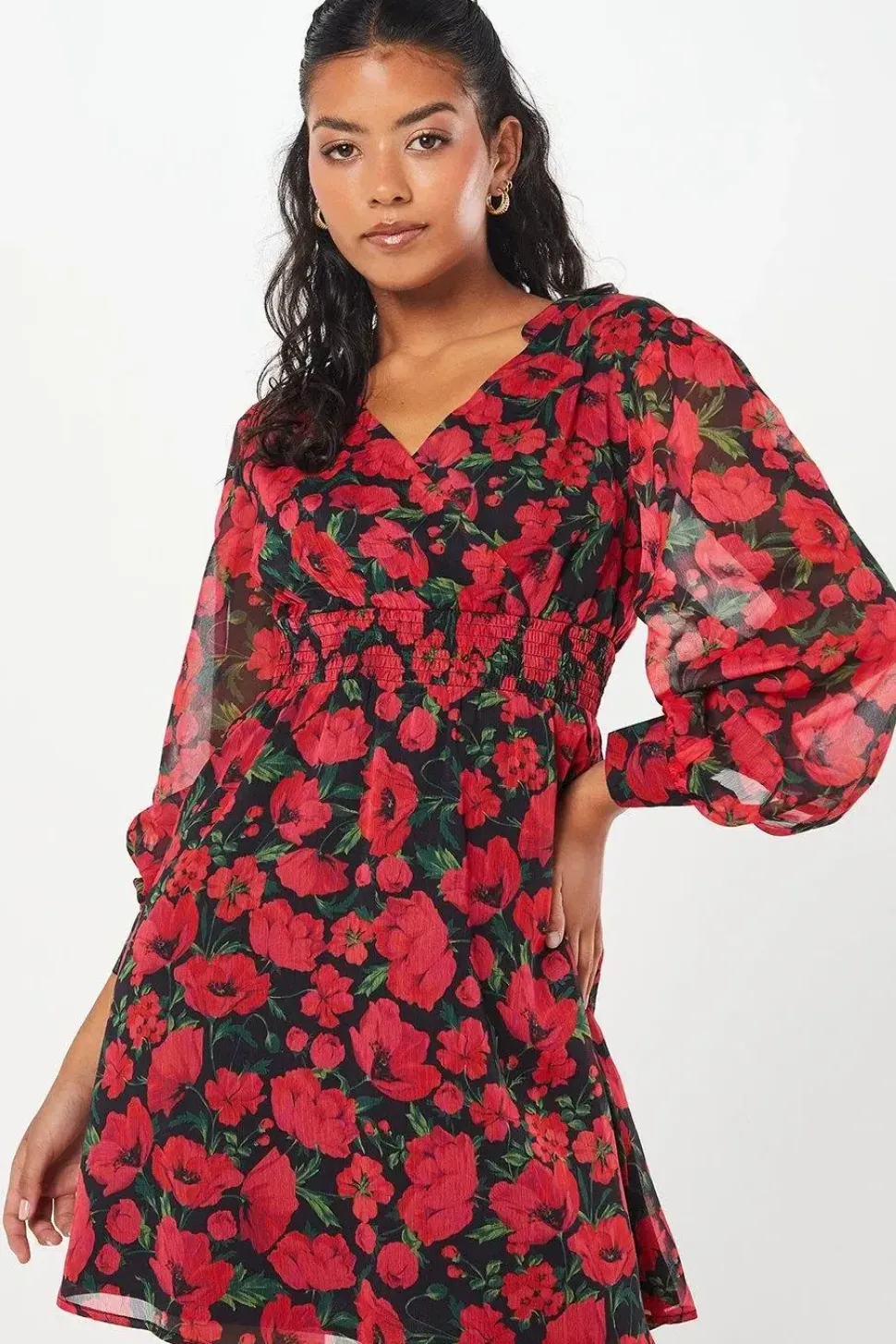 Petite Red Floral Chiffon Shirred Waist Long Sleeve Mini Dress
