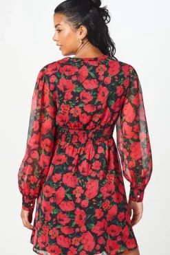 Petite Red Floral Chiffon Shirred Waist Long Sleeve Mini Dress