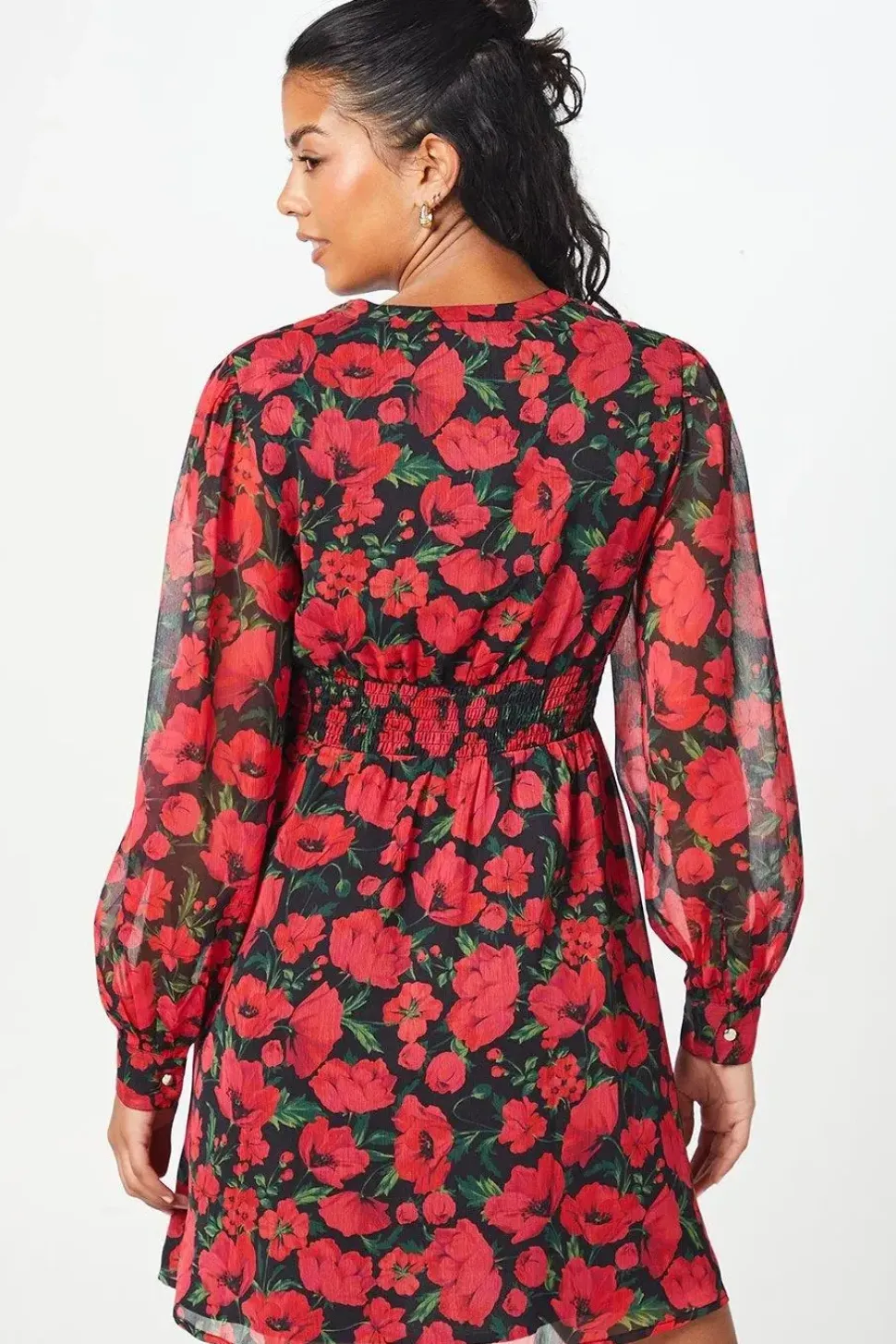 Petite Red Floral Chiffon Shirred Waist Long Sleeve Mini Dress